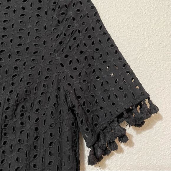 Lark & Ro Black Eyelet Fringe Trim Shift Dress Womens XS Pom Pom Whimsigoth - Picture 2 of 10